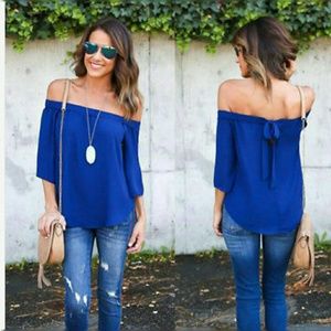 5🌟 blue chiffon off the shoulder 3/4 sleeve top